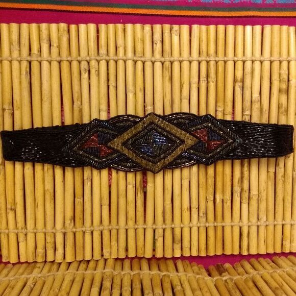 EUC VINTAGE MAJID Unique Glass Beaded Multicolored Diamond Patterned Belt 32-34 - Picture 3 of 13